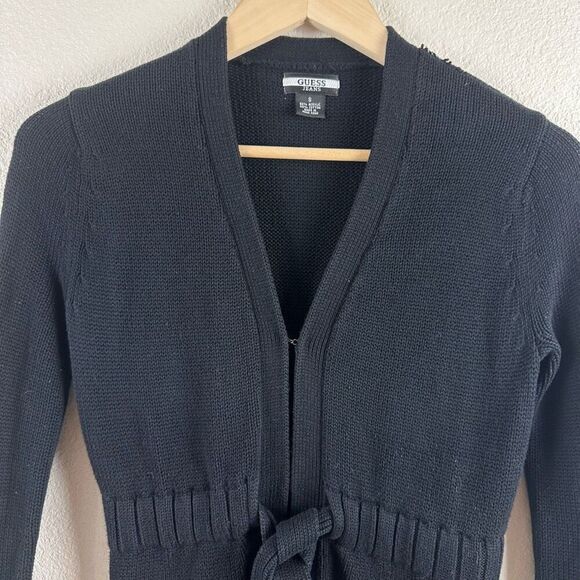 Y2K Guess Women's S Longline Duster Cardigan Sweater Black Knit Tie Waist Winter - Picture 3 of 12